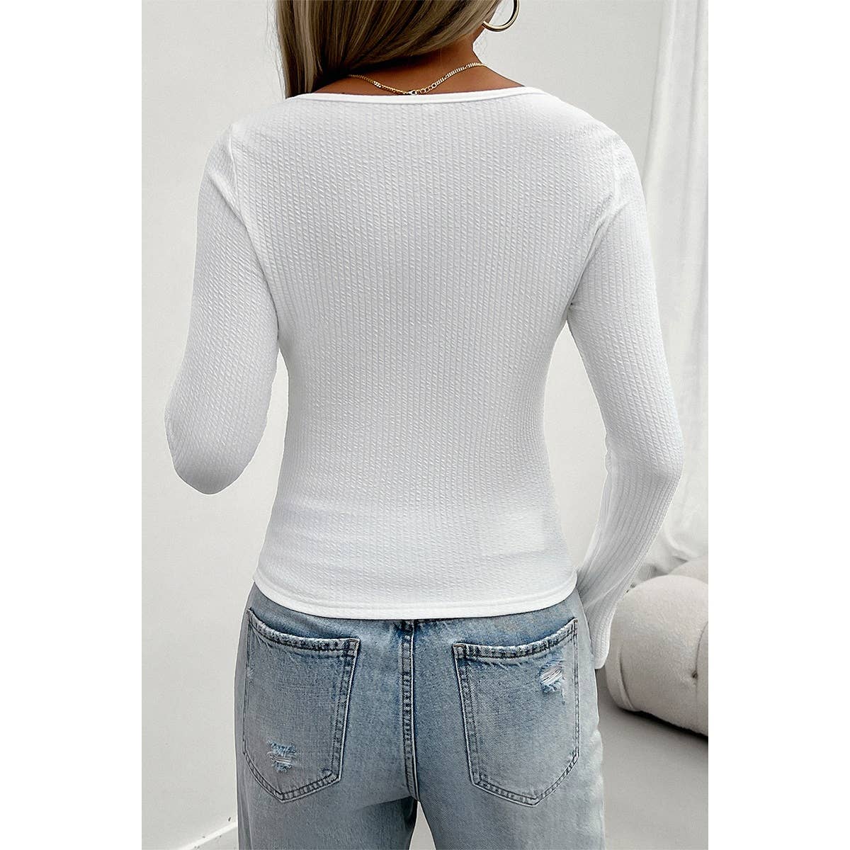 Square Neck Knit Fit Lace Trim Long Sleeves Top - MVTFASHION.COM