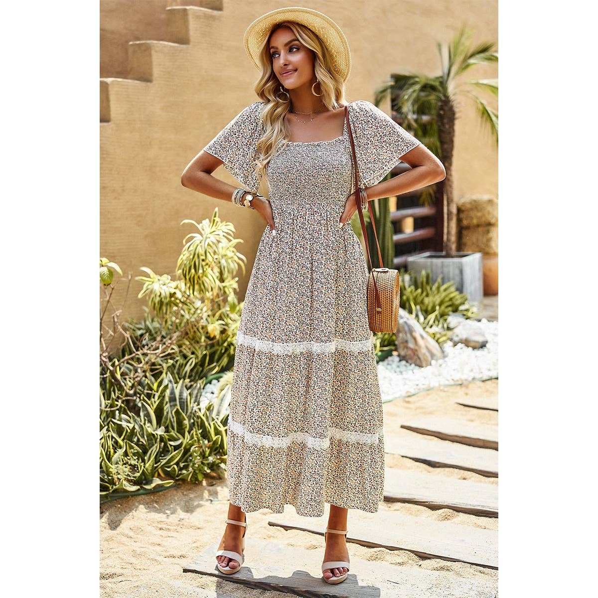 Square Neck Lace High Waist Maxi Dress - MVTFASHION.COM