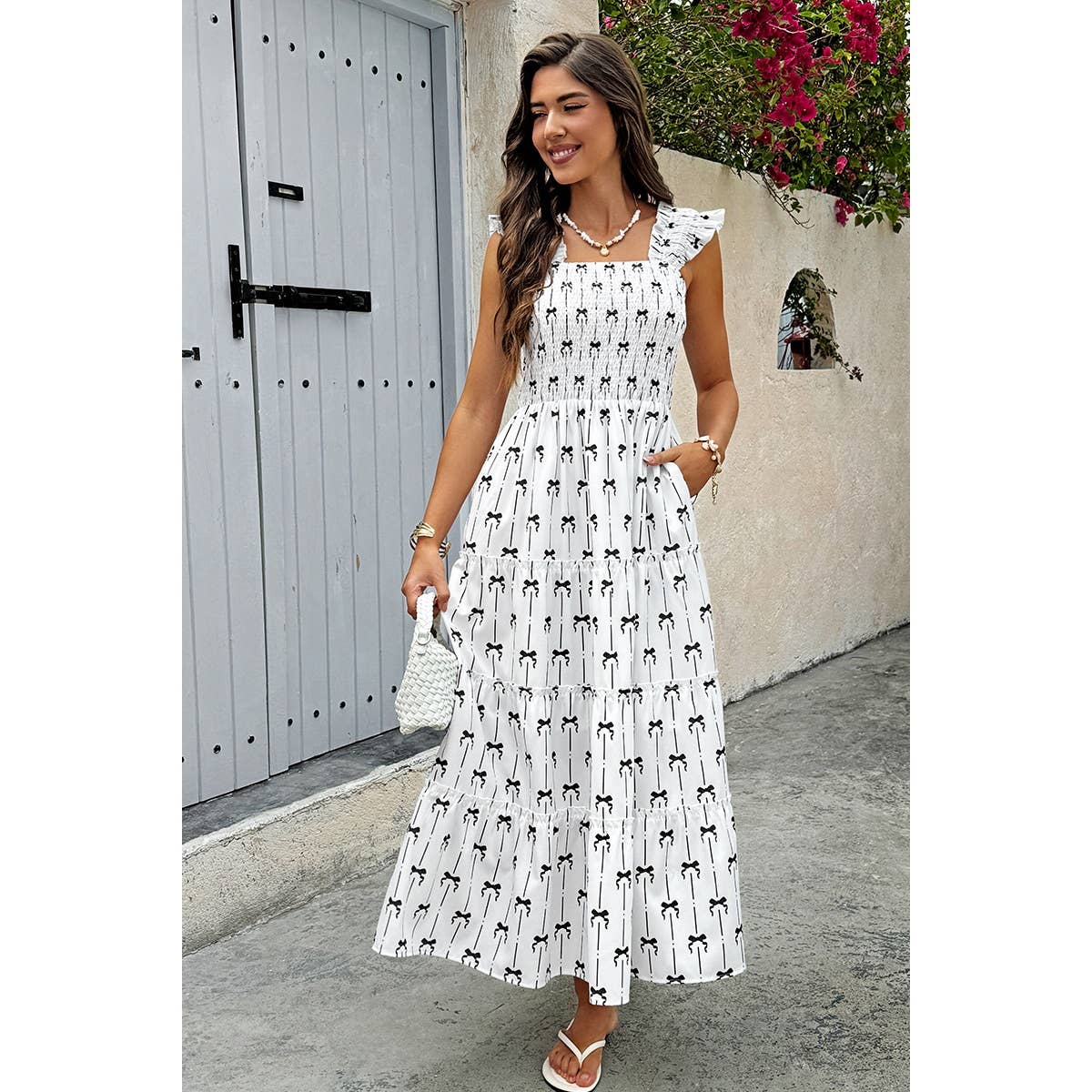 Square Neck Print Pocket Fit Sleeveless Dress - MVTFASHION.COM