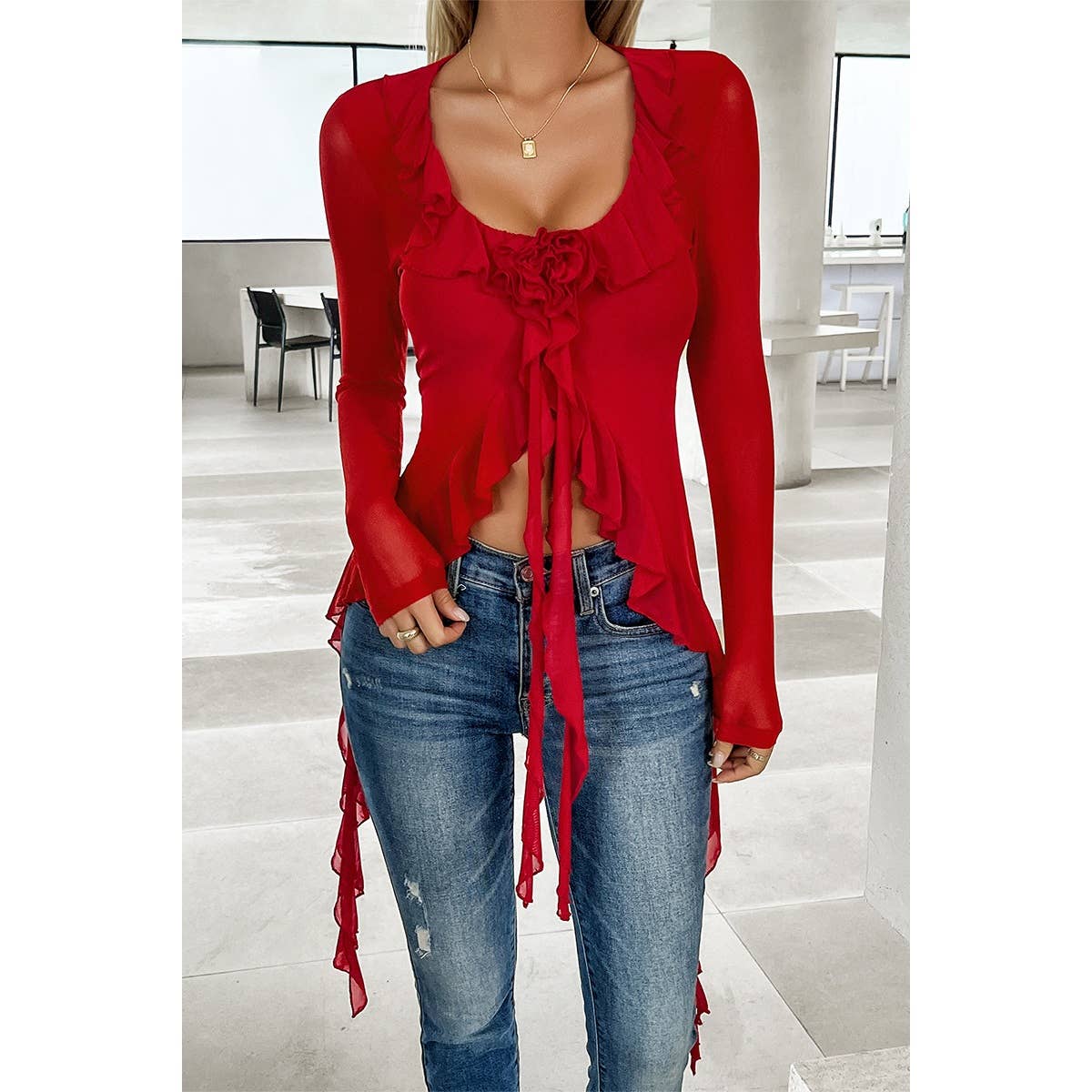 Square Neck Ruffle Tassel Asymmetrical Lace Top - MVTFASHION.COM