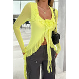 Square Neck Ruffle Tassel Asymmetrical Lace Top - MVTFASHION.COM