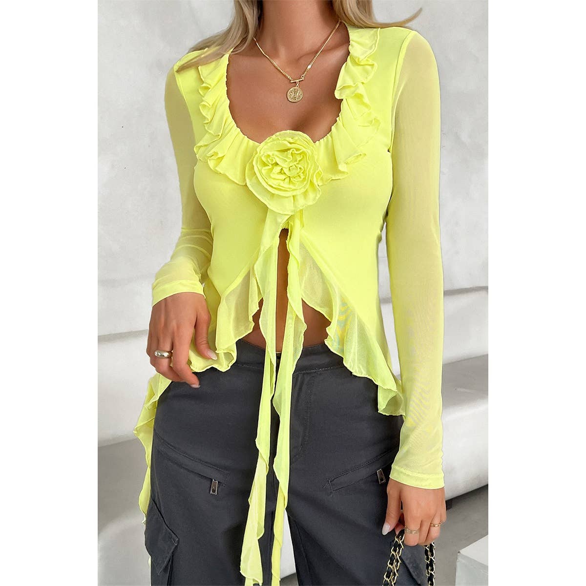 Square Neck Ruffle Tassel Asymmetrical Lace Top - MVTFASHION.COM