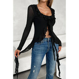 Square Neck Ruffle Tassel Asymmetrical Lace Top - MVTFASHION.COM