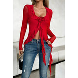 Square Neck Ruffle Tassel Asymmetrical Lace Top - MVTFASHION.COM