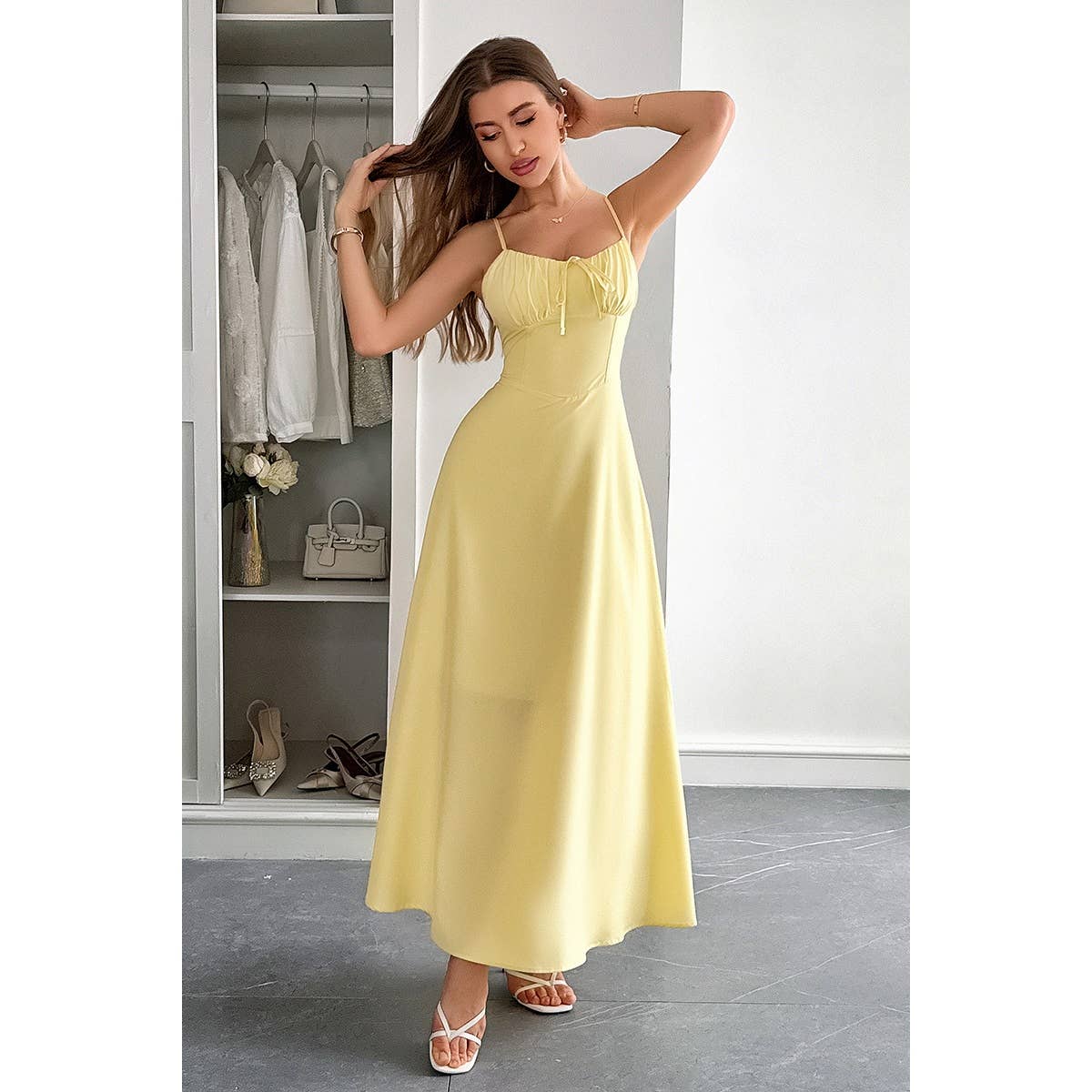 Square Neck Sleeveless Ruched Tie A Line Dress - MVTFASHION.COM