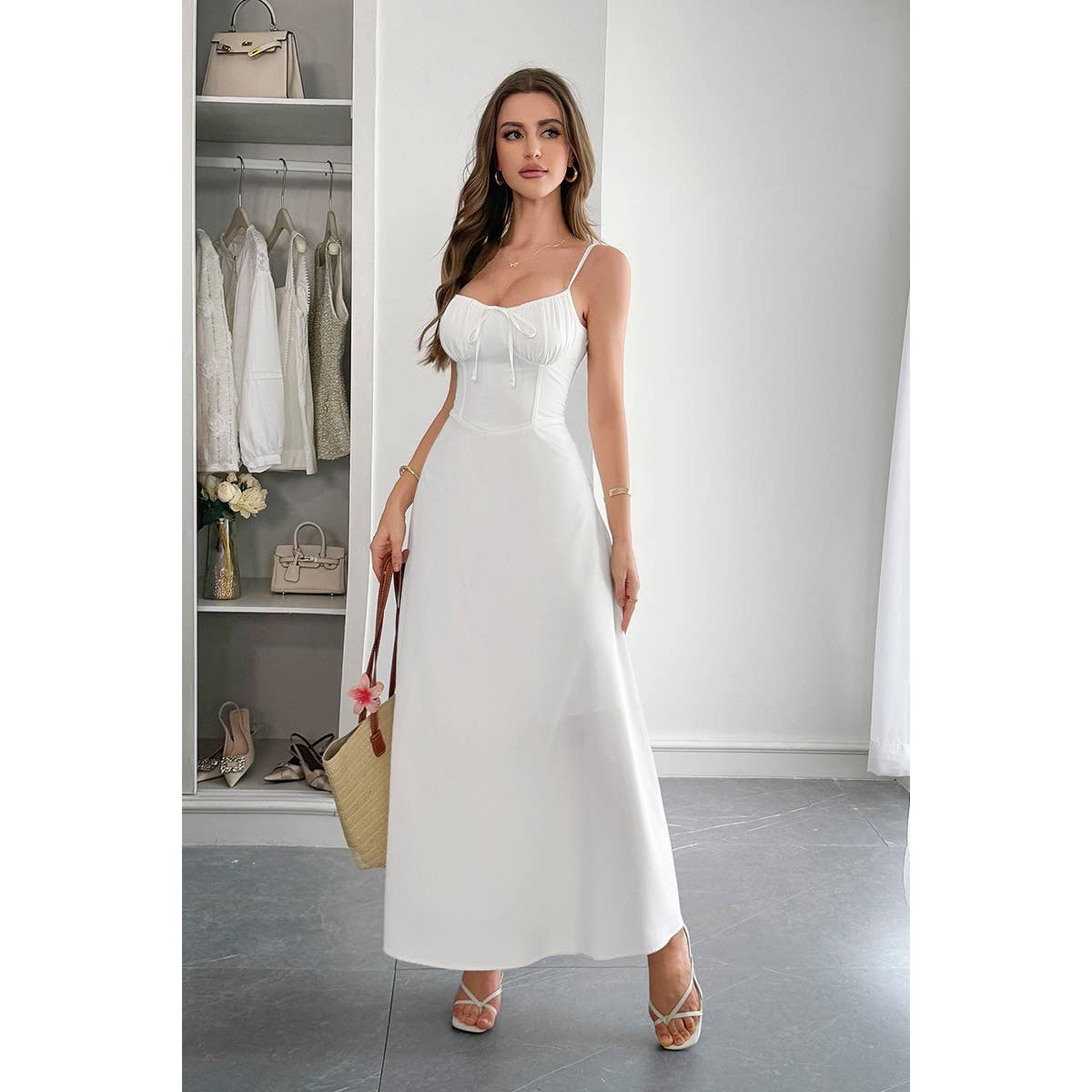 Square Neck Sleeveless Ruched Tie A Line Dress - MVTFASHION.COM