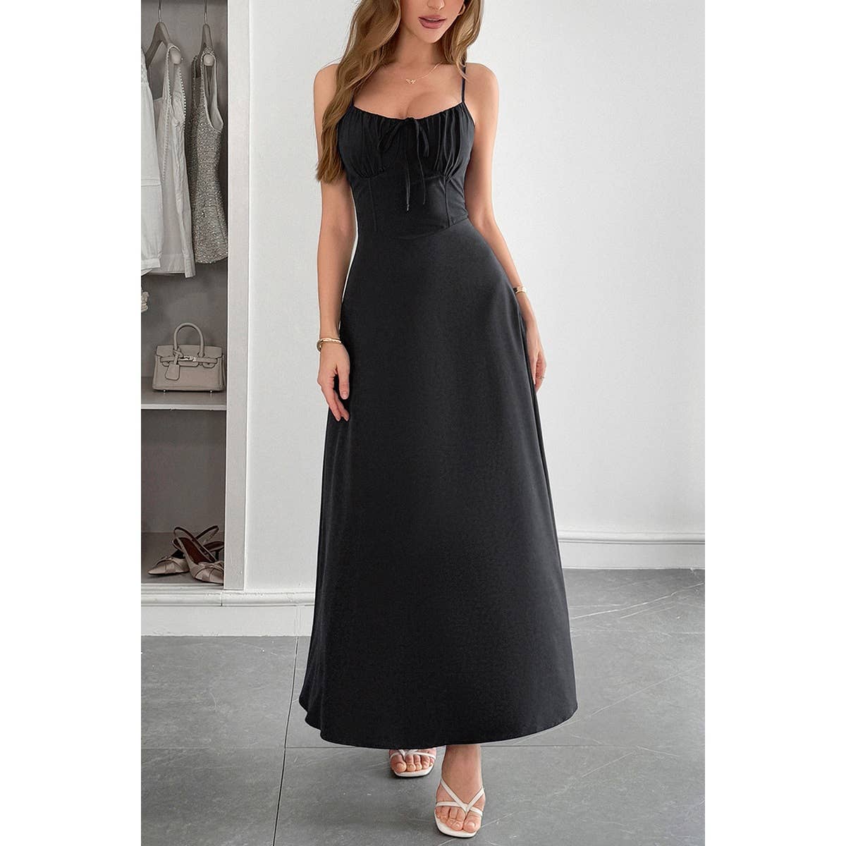 Square Neck Sleeveless Ruched Tie A Line Dress - MVTFASHION.COM