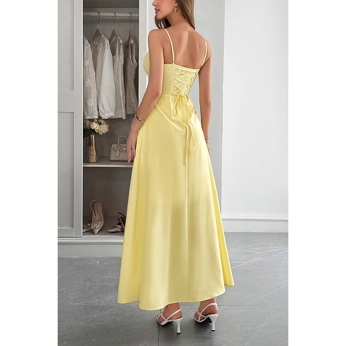 Square Neck Sleeveless Ruched Tie A Line Dress - MVTFASHION.COM