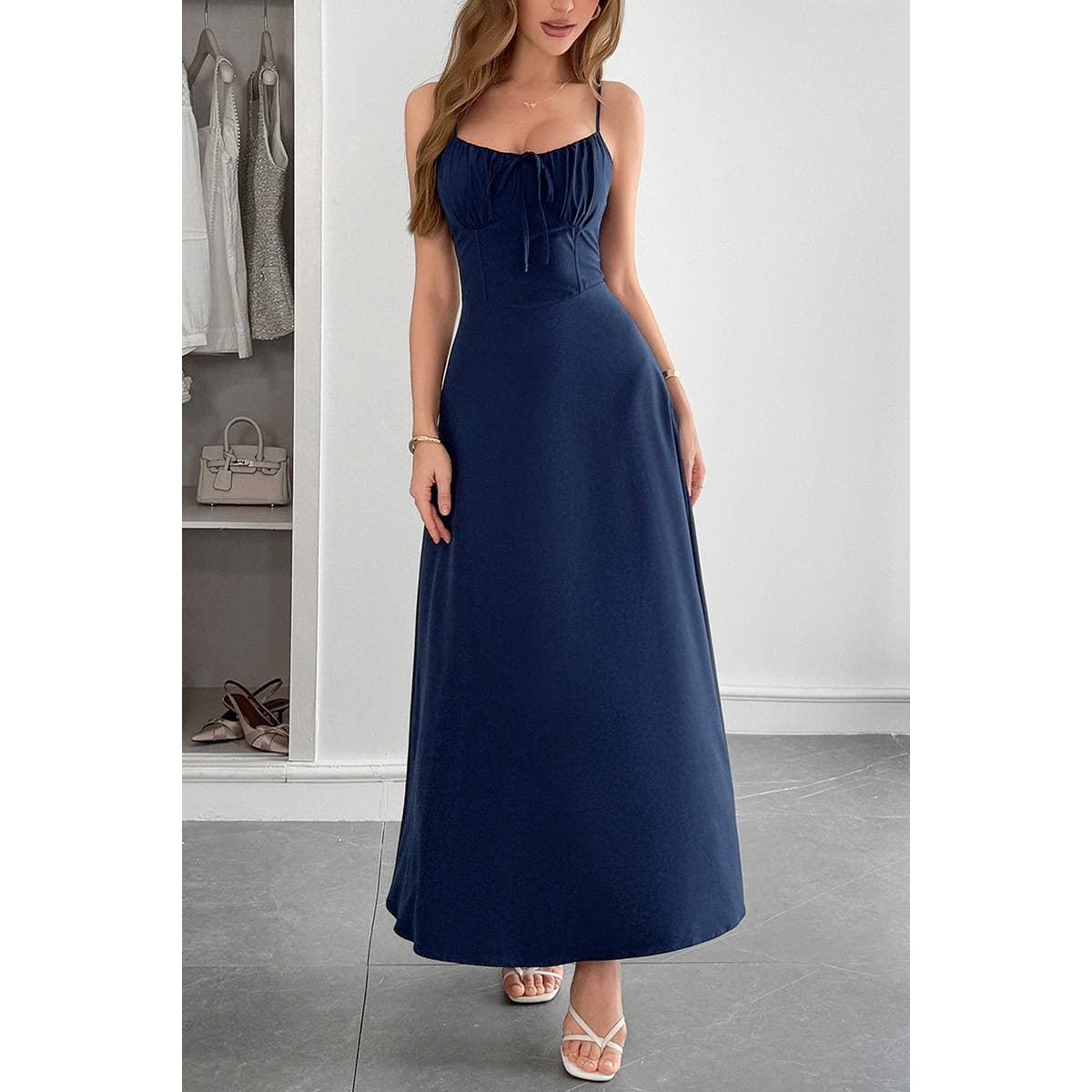 Square Neck Sleeveless Ruched Tie A Line Dress - MVTFASHION.COM