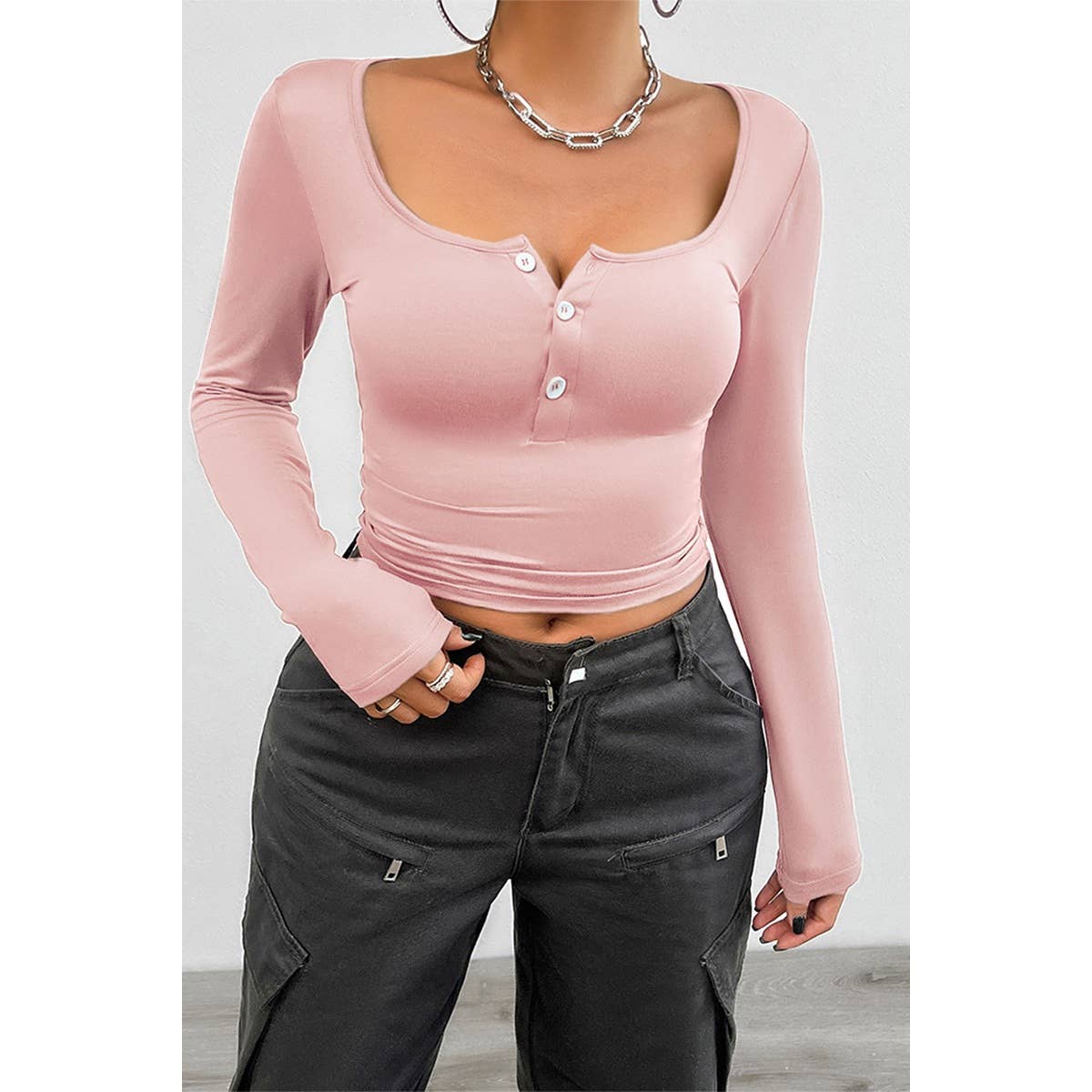 Square Neck Solid Button Tirm Elastic Fit Top - MVTFASHION.COM