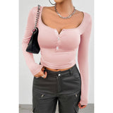 Square Neck Solid Button Tirm Elastic Fit Top - MVTFASHION.COM