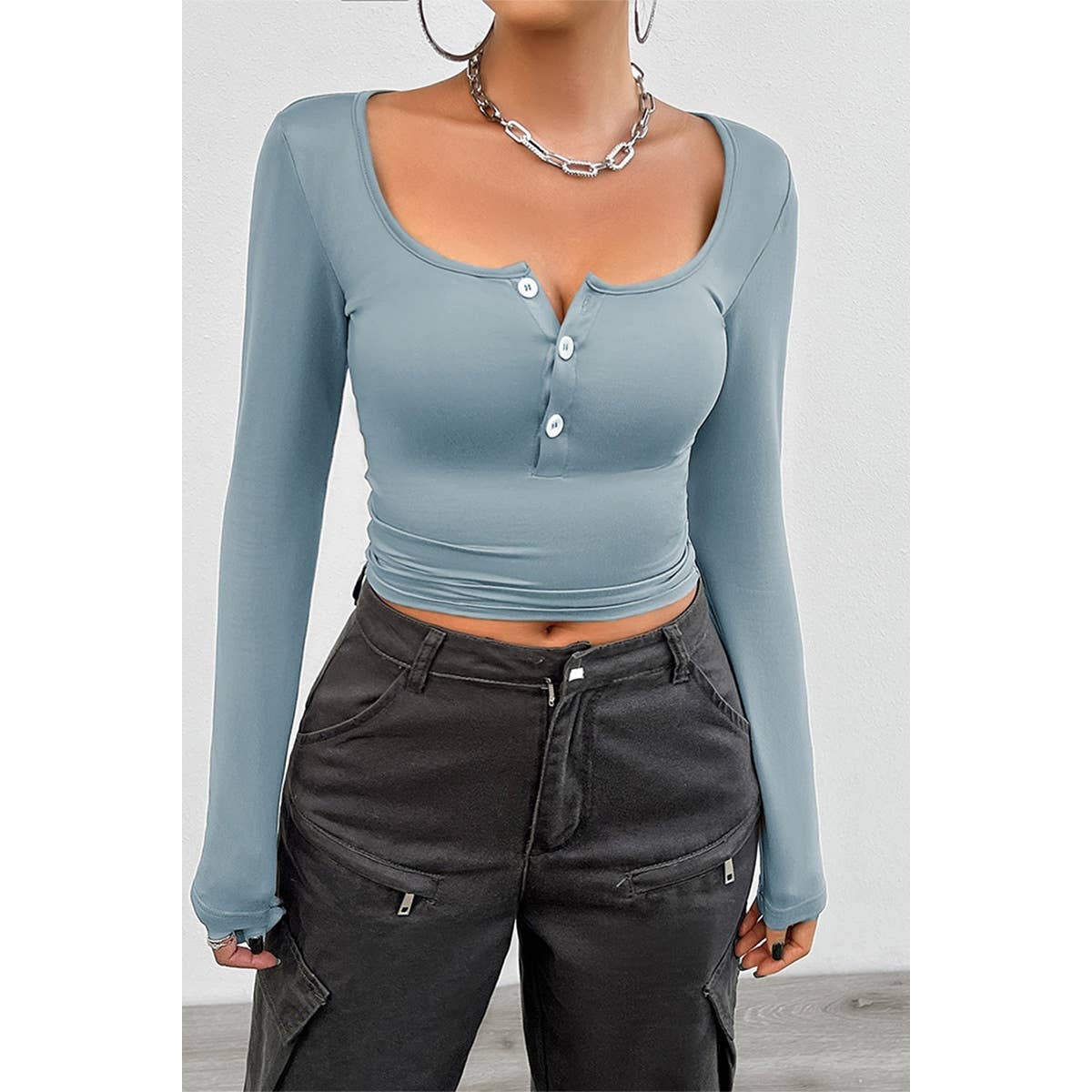 Square Neck Solid Button Tirm Elastic Fit Top - MVTFASHION.COM