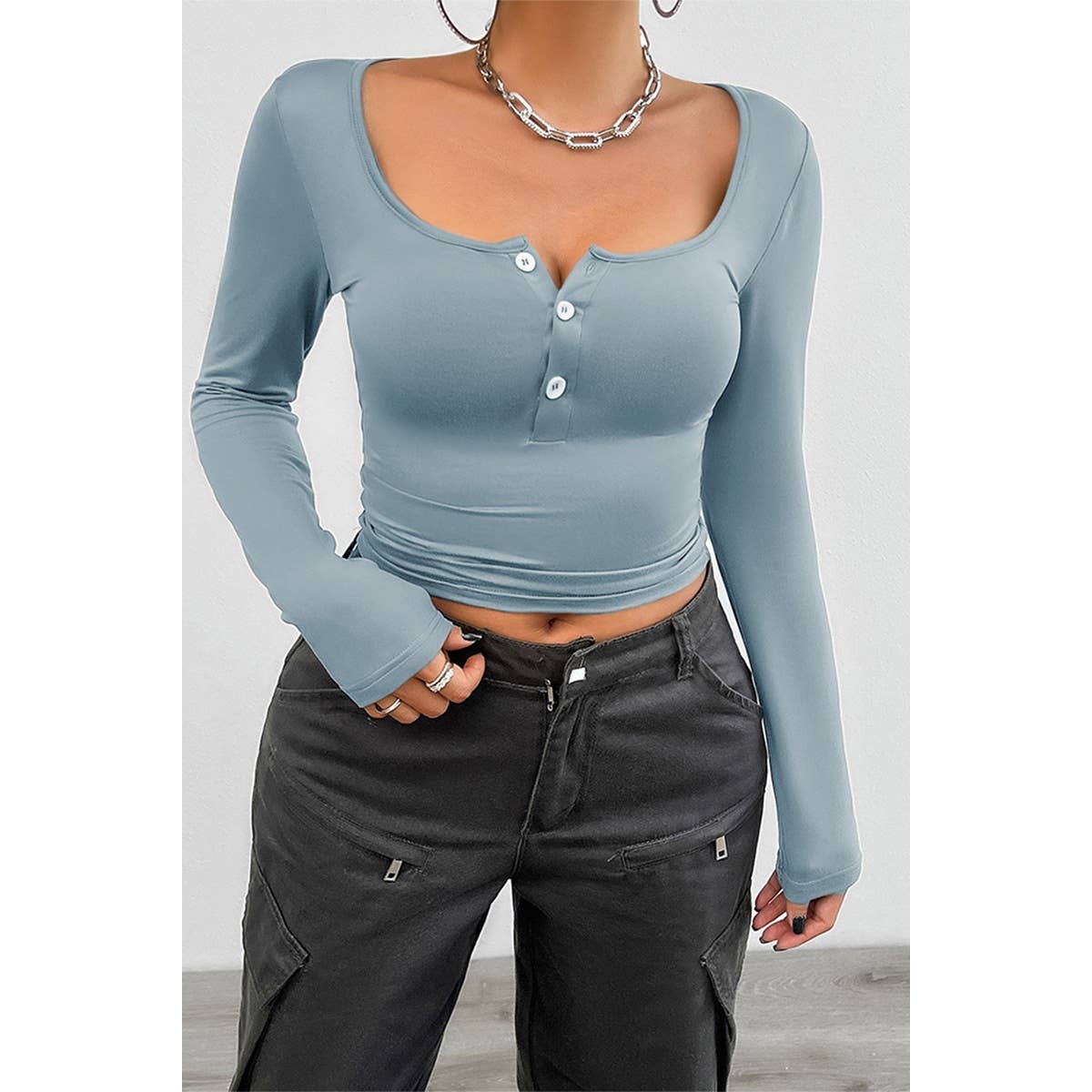 Square Neck Solid Button Tirm Elastic Fit Top - MVTFASHION.COM