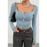 Square Neck Solid Button Tirm Elastic Fit Top - MVTFASHION.COM