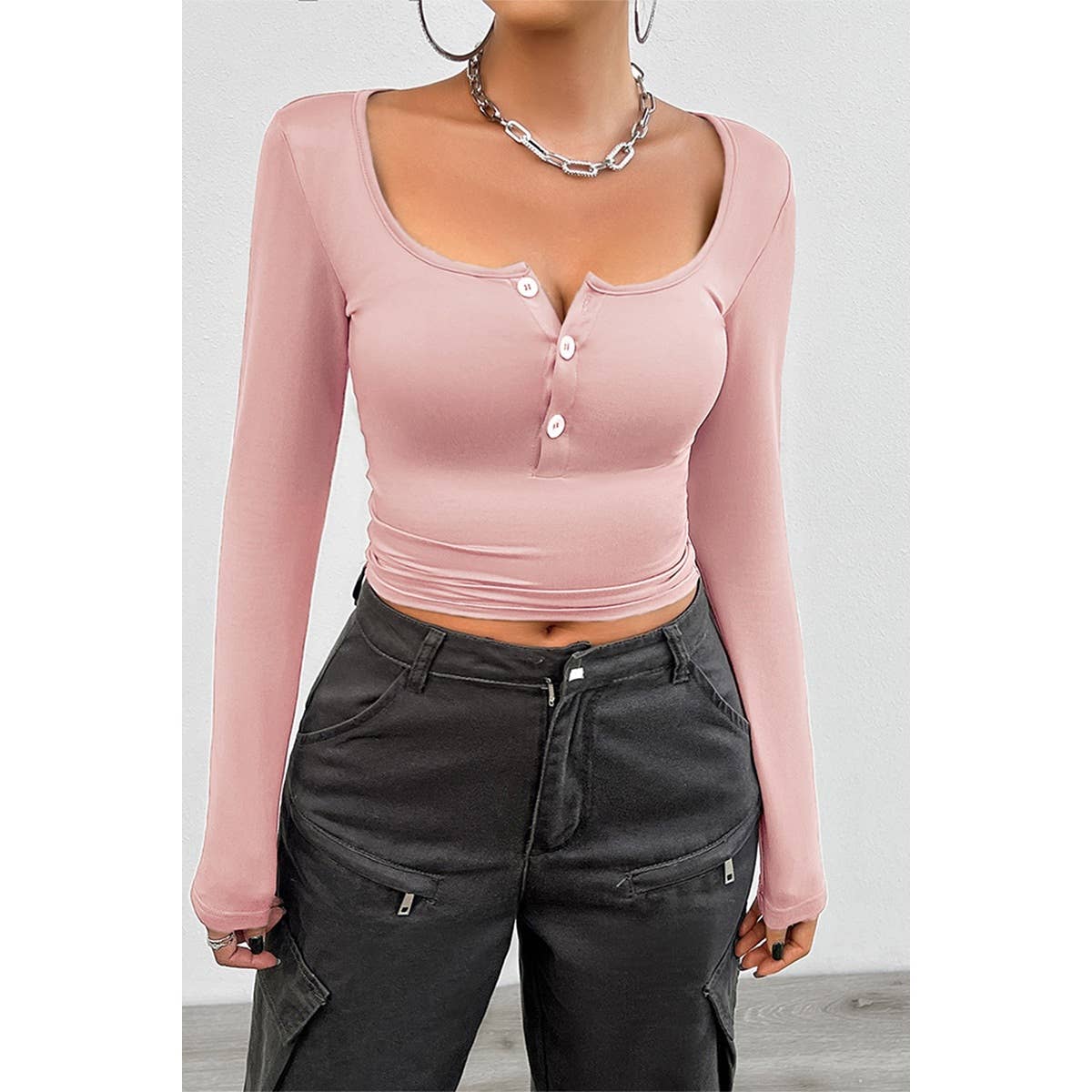 Square Neck Solid Button Tirm Elastic Fit Top - MVTFASHION.COM