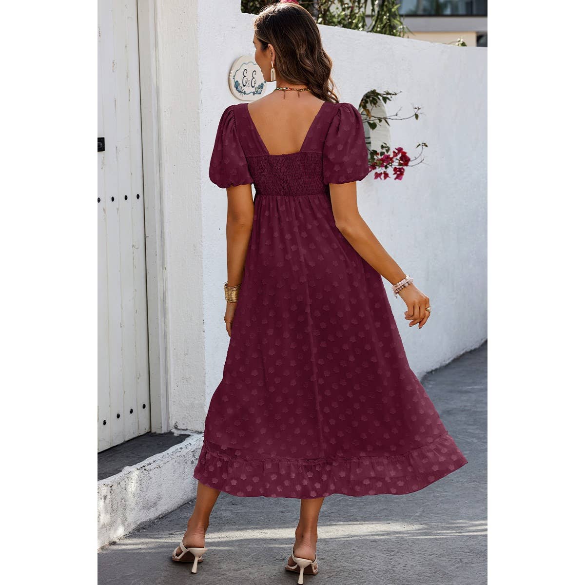 Square Neck Swiss Dot Ruffle Puff Sleeves Dress - MVTFASHION.COM