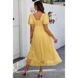 Square Neck Swiss Dot Ruffle Puff Sleeves Dress - MVTFASHION.COM