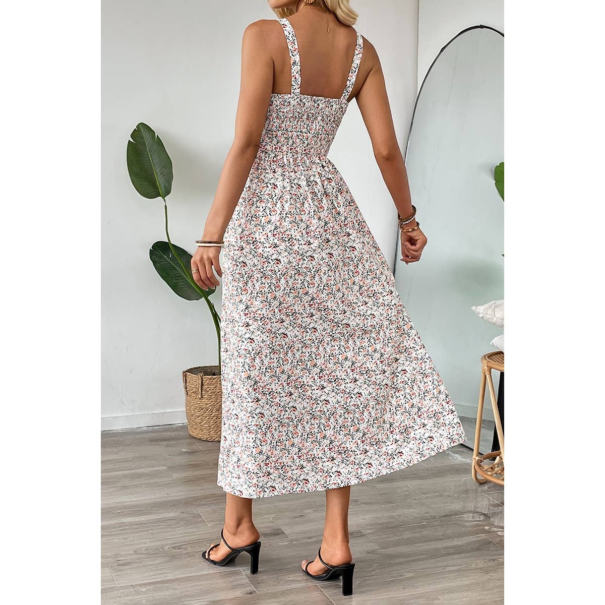 Straps Floral Print Split Hem Fit Long Dress - MVTFASHION.COM