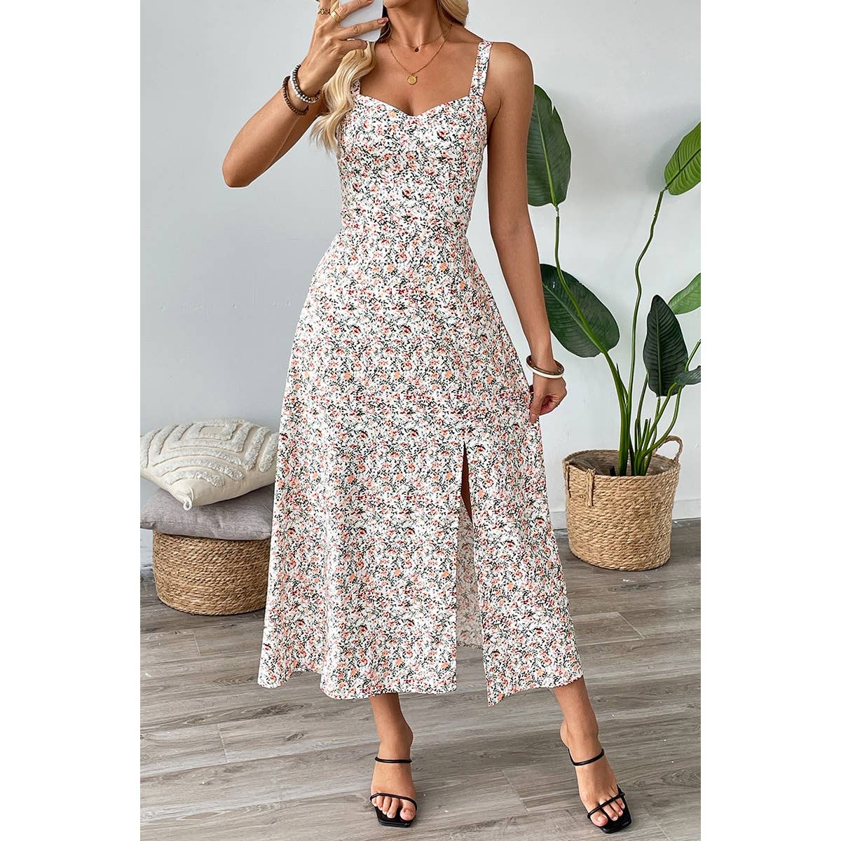 Straps Floral Print Split Hem Fit Long Dress - MVTFASHION.COM