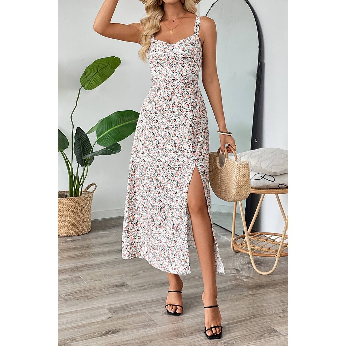 Straps Floral Print Split Hem Fit Long Dress - MVTFASHION.COM