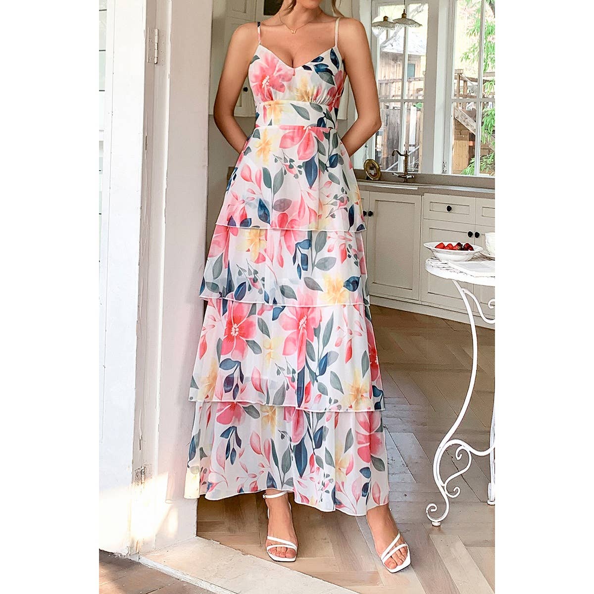 Straps Floral Print V Neck Patchwork Full Dress - MVTFASHION.COM