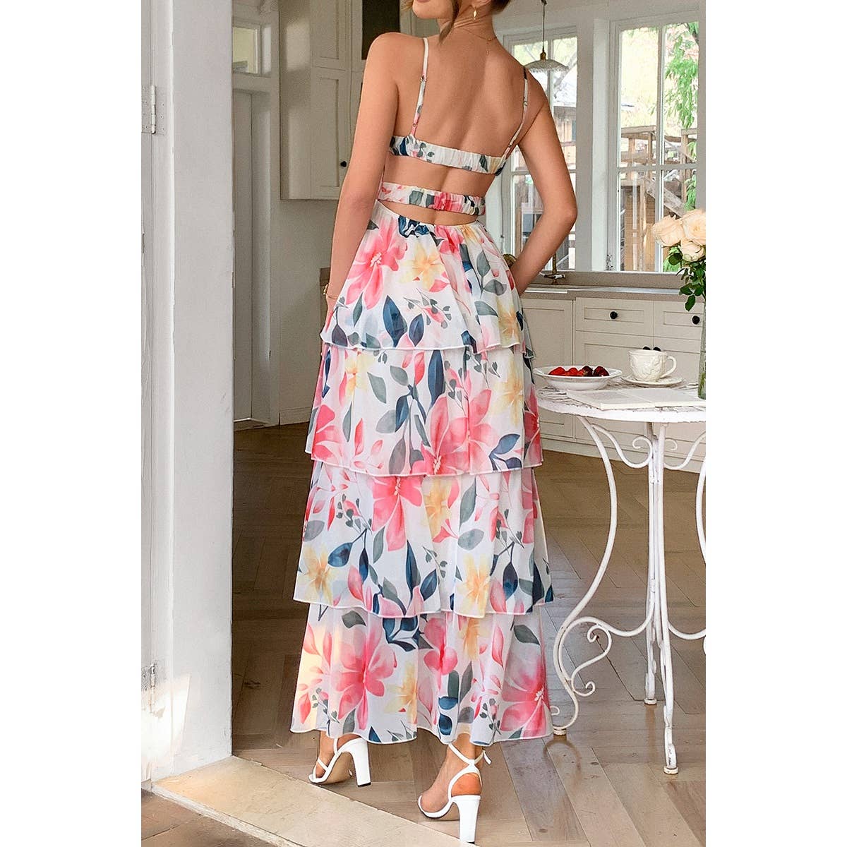 Straps Floral Print V Neck Patchwork Full Dress - MVTFASHION.COM