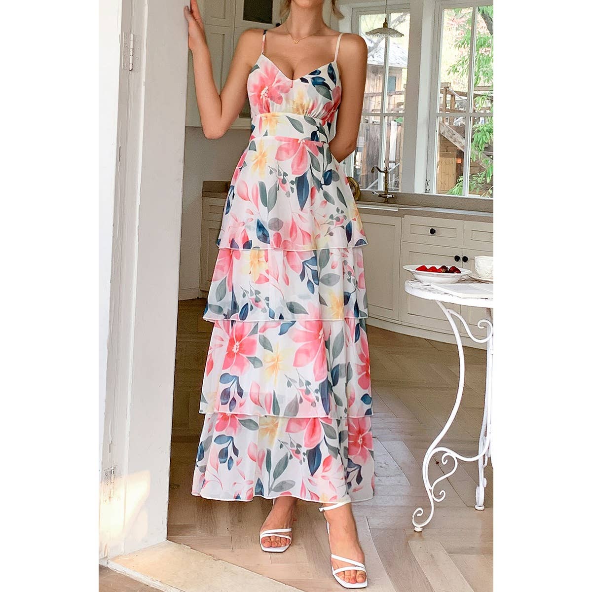 Straps Floral Print V Neck Patchwork Full Dress - MVTFASHION.COM