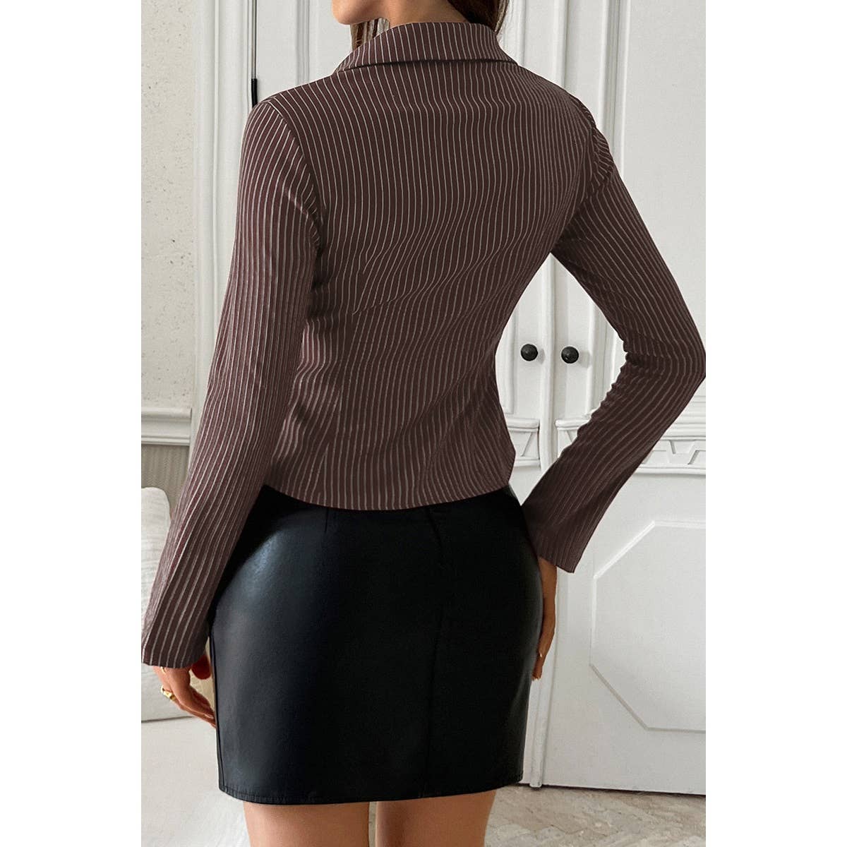 Strip Button Down Long Sleeves Fit Blouse - MVTFASHION.COM