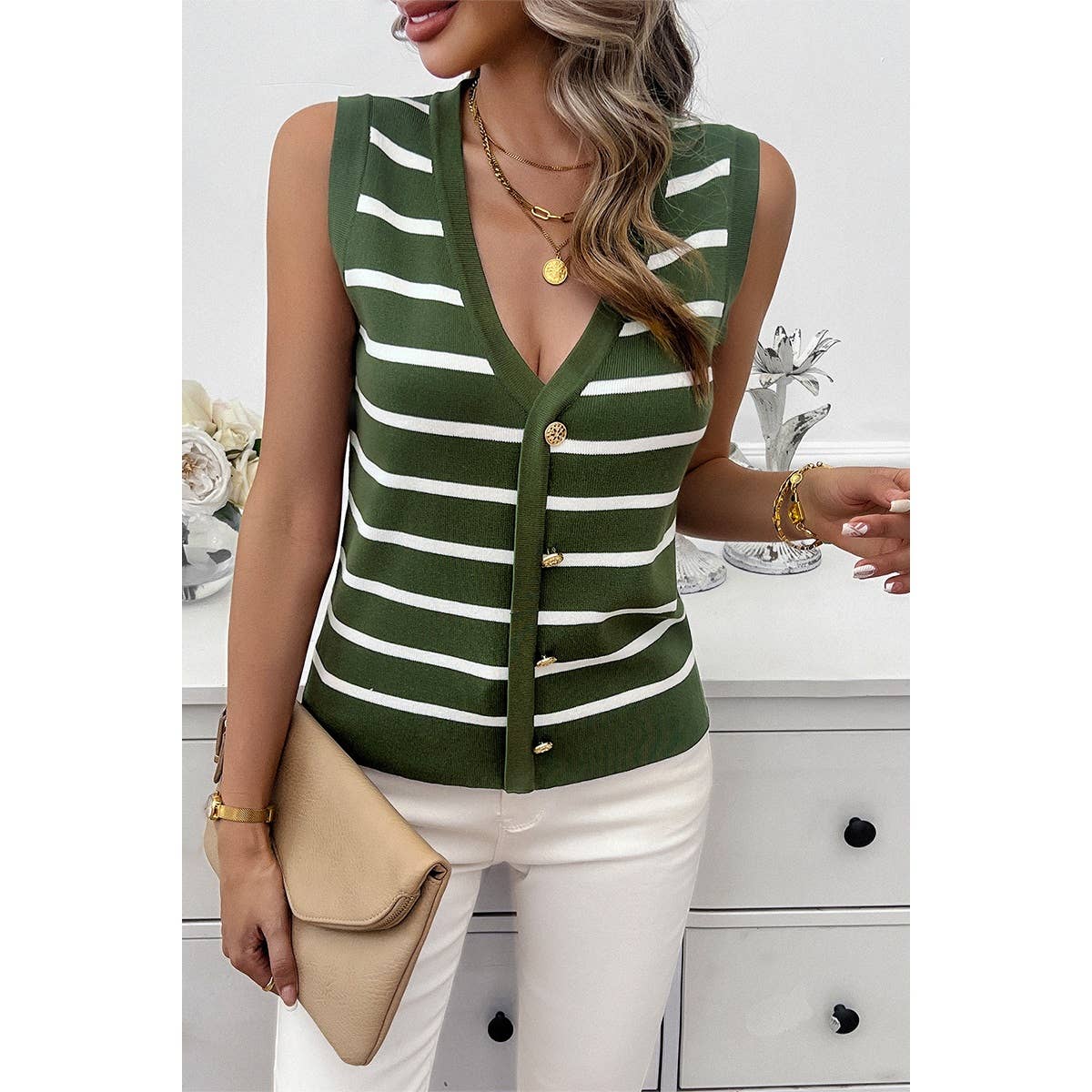 Strip Deep V Neck Knit Button Trim Sleeveless Vest - MVTFASHION.COM