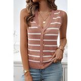 Strip Deep V Neck Knit Button Trim Sleeveless Vest - MVTFASHION.COM