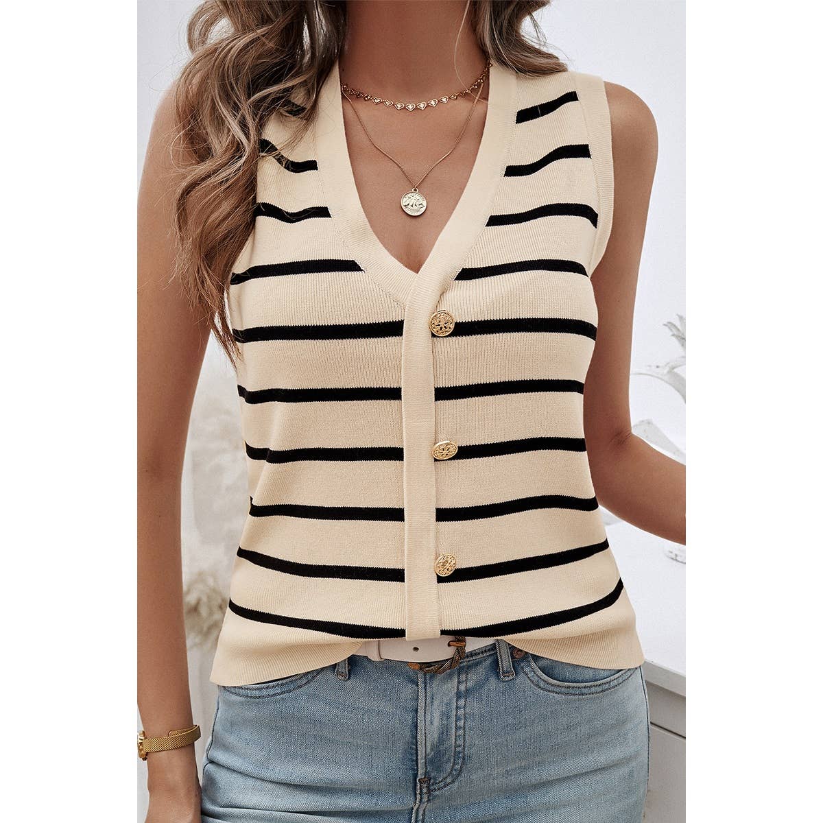 Strip Deep V Neck Knit Button Trim Sleeveless Vest - MVTFASHION.COM