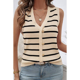 Strip Deep V Neck Knit Button Trim Sleeveless Vest - MVTFASHION.COM