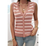 Strip Deep V Neck Knit Button Trim Sleeveless Vest - MVTFASHION.COM