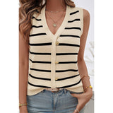 Strip Deep V Neck Knit Button Trim Sleeveless Vest - MVTFASHION.COM