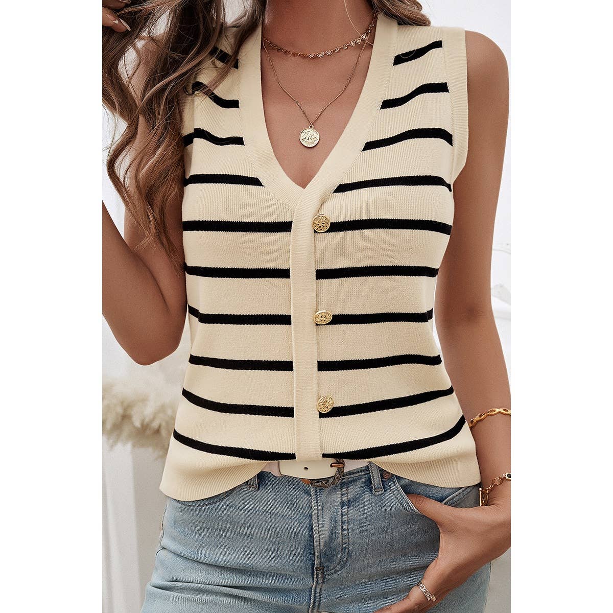 Strip Deep V Neck Knit Button Trim Sleeveless Vest - MVTFASHION.COM