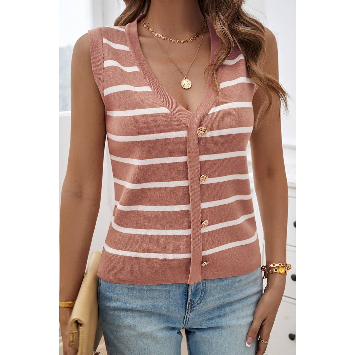 Strip Deep V Neck Knit Button Trim Sleeveless Vest - MVTFASHION.COM