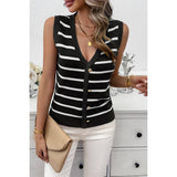 Strip Deep V Neck Knit Button Trim Sleeveless Vest - MVTFASHION.COM