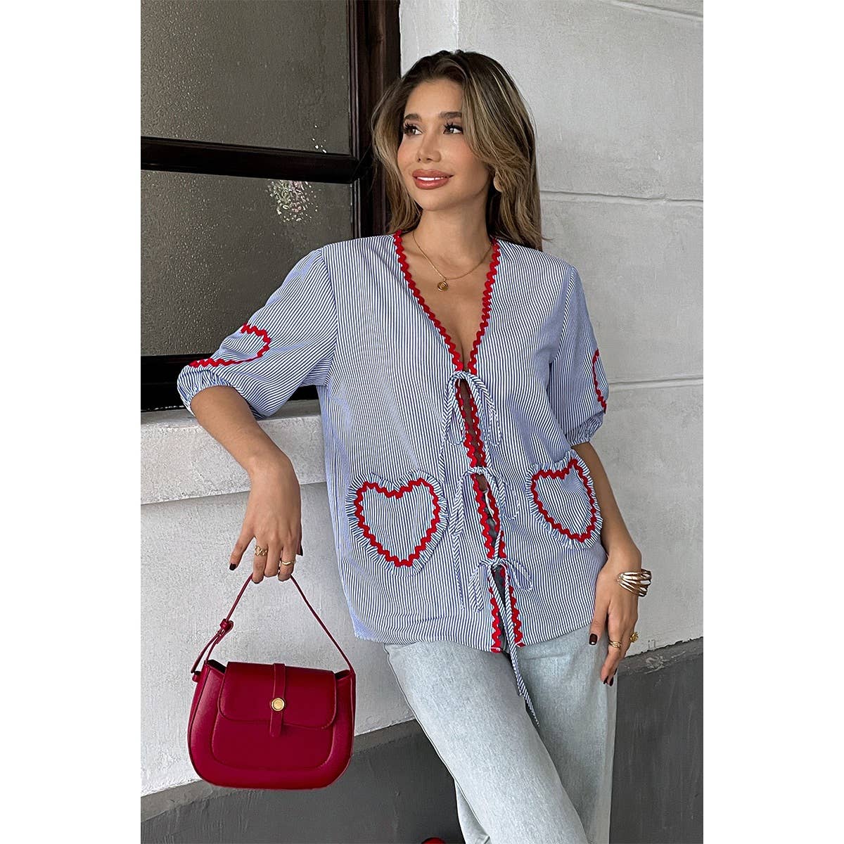 Strip Deep V Neck Knot Front Color Block Shirt - MVTFASHION.COM