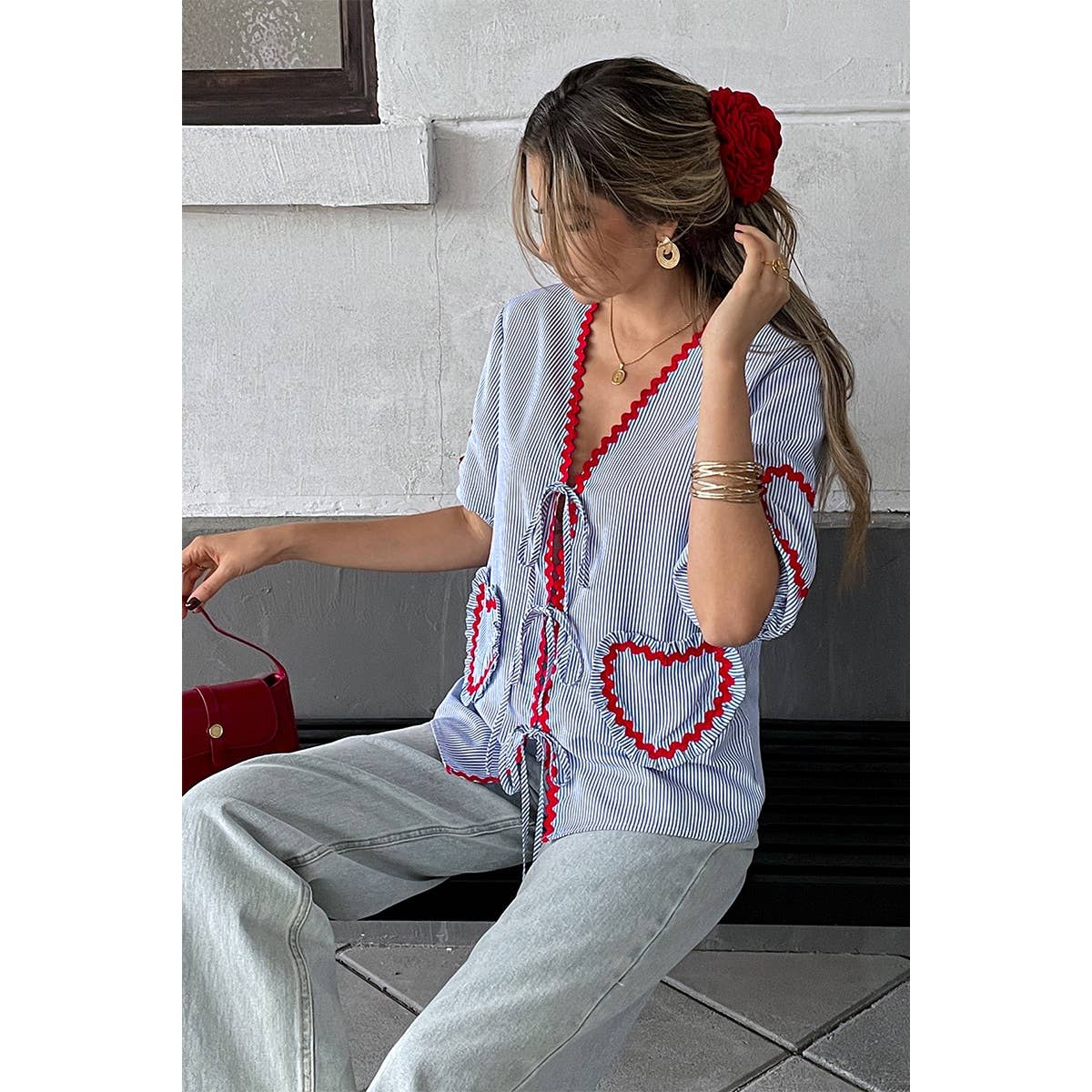 Strip Deep V Neck Knot Front Color Block Shirt - MVTFASHION.COM