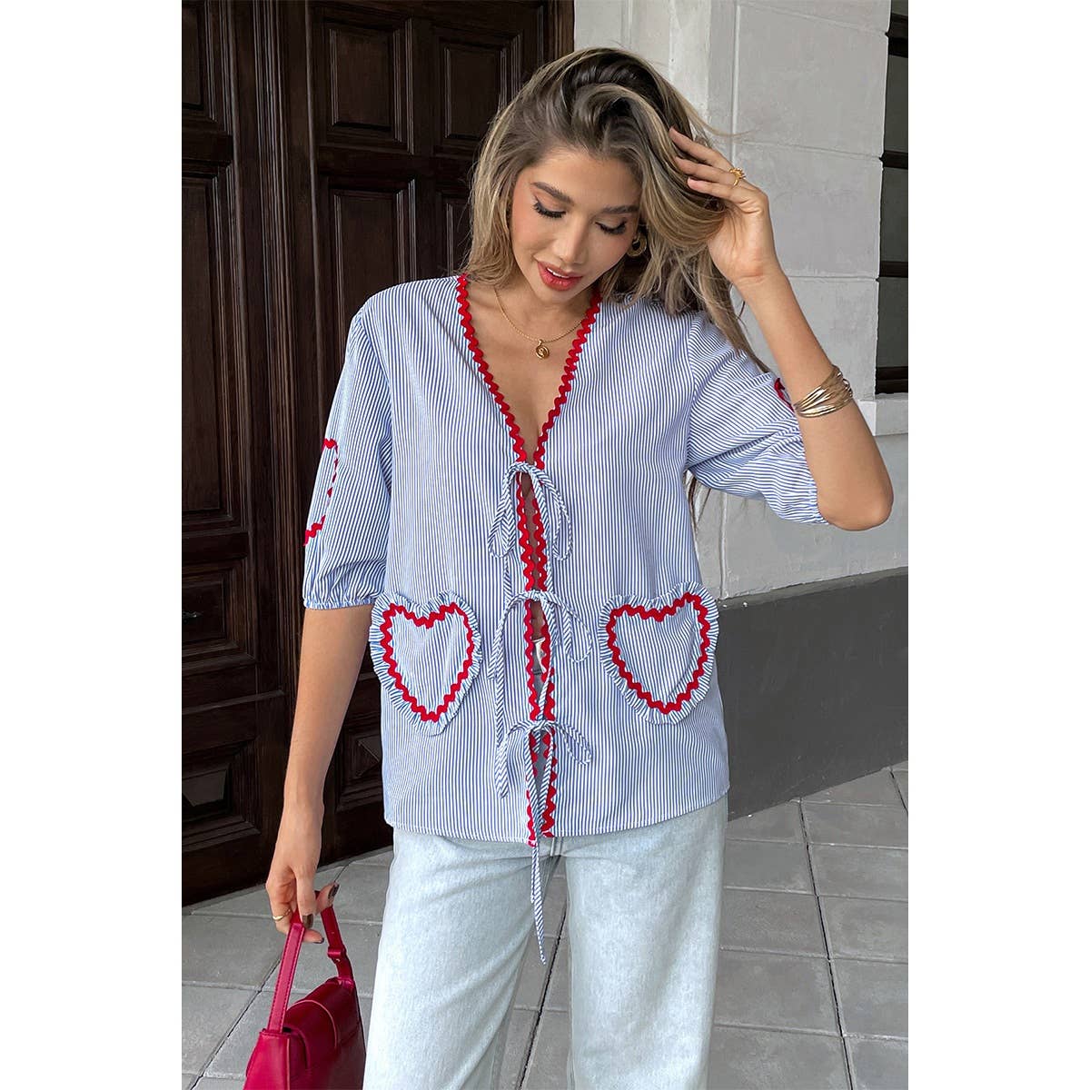 Strip Deep V Neck Knot Front Color Block Shirt - MVTFASHION.COM