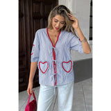 Strip Deep V Neck Knot Front Color Block Shirt - MVTFASHION.COM