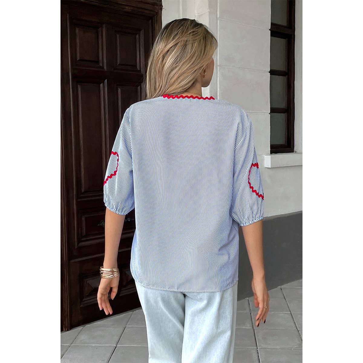 Strip Deep V Neck Knot Front Color Block Shirt - MVTFASHION.COM