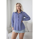 Strip Front Open Button Loose Long Sleeves Blouse - MVTFASHION.COM