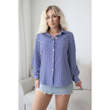 Strip Front Open Button Loose Long Sleeves Blouse - MVTFASHION.COM