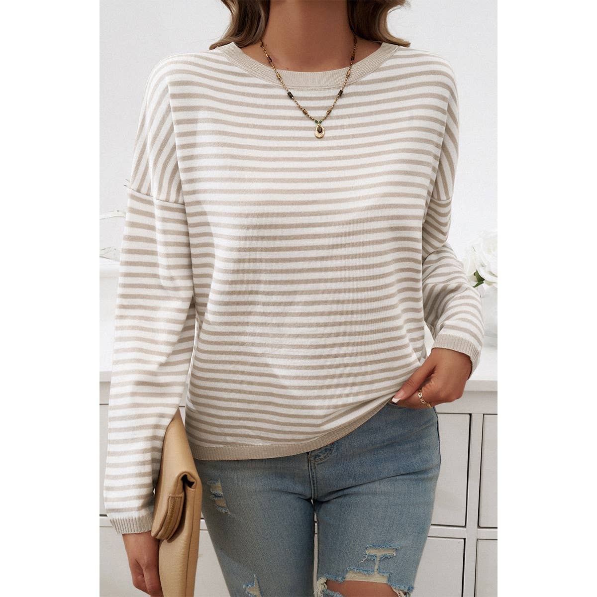 Strip Round Neck Drop Shoulder Loose Sweater - MVTFASHION.COM