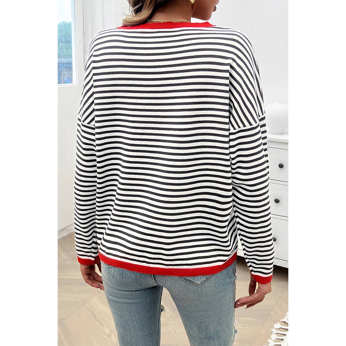 Strip Round Neck Drop Shoulder Loose Sweater - MVTFASHION.COM