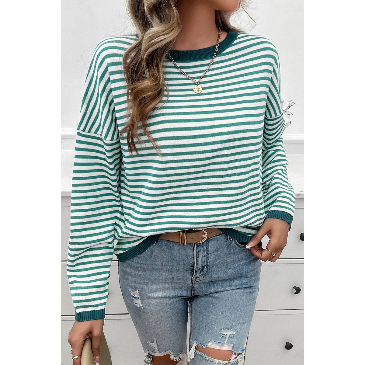 Strip Round Neck Drop Shoulder Loose Sweater - MVTFASHION.COM