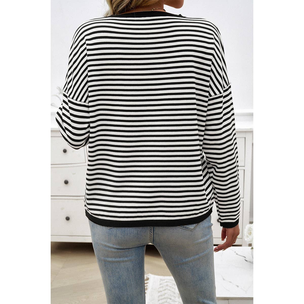 Strip Round Neck Drop Shoulder Loose Sweater - MVTFASHION.COM