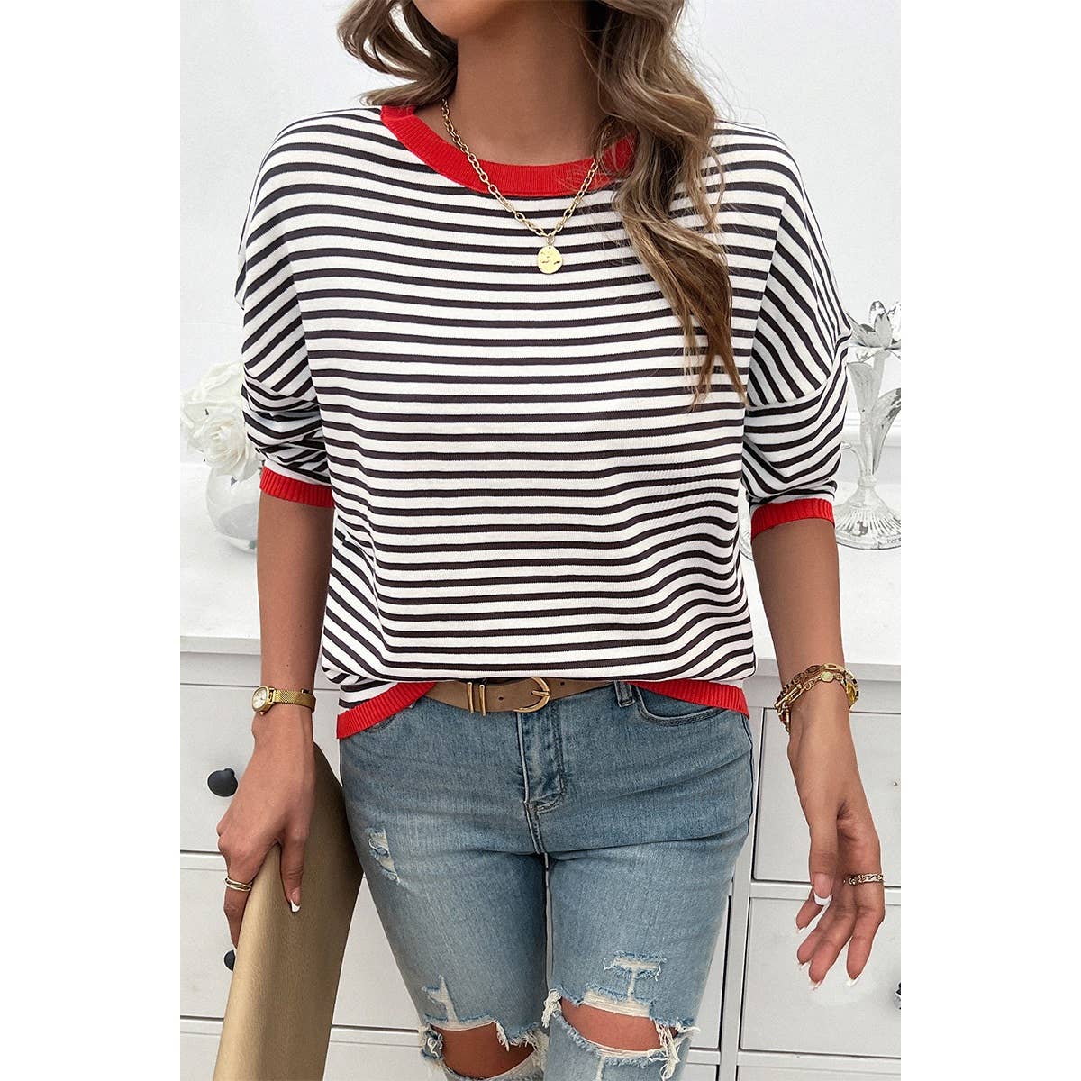 Strip Round Neck Drop Shoulder Loose Sweater - MVTFASHION.COM