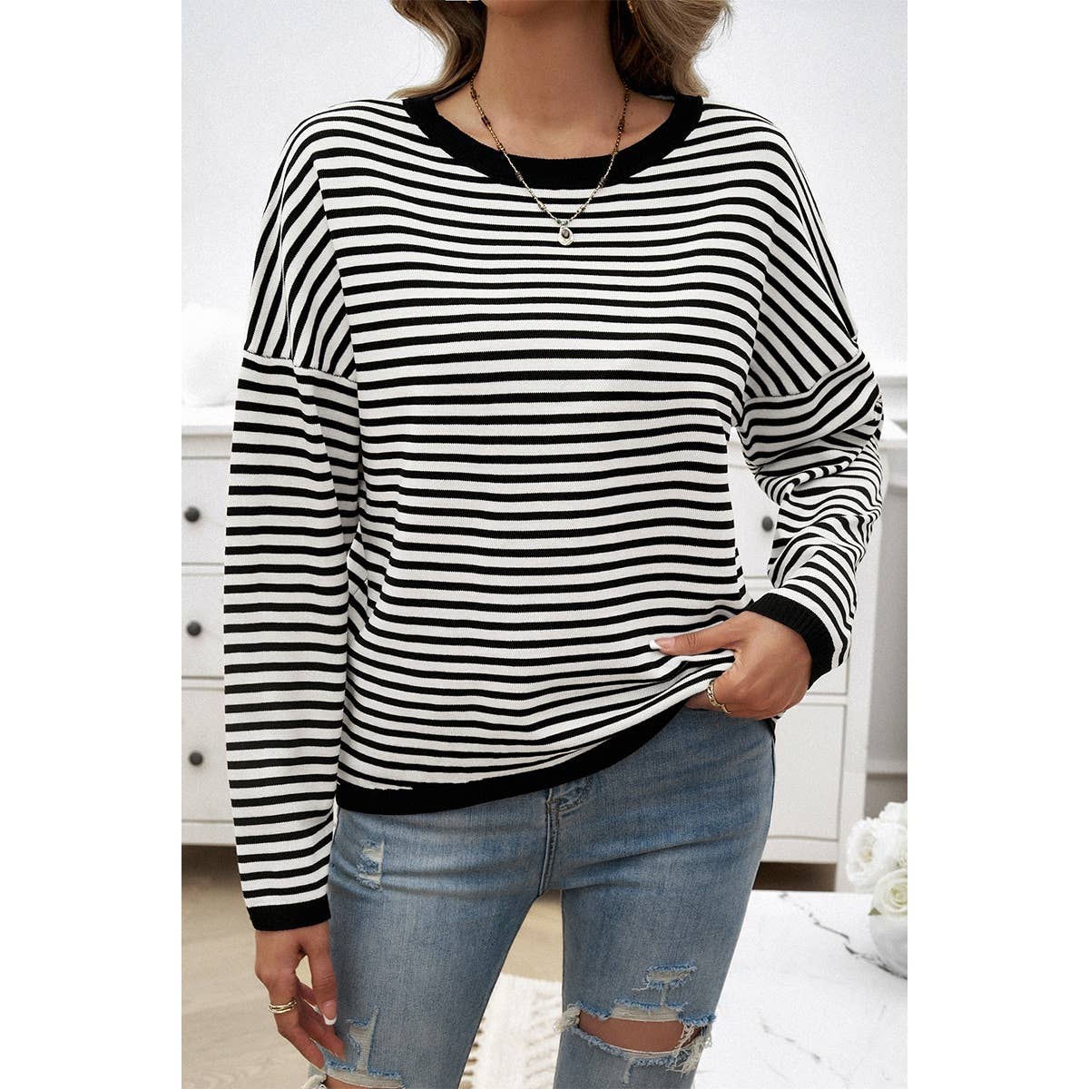 Strip Round Neck Drop Shoulder Loose Sweater - MVTFASHION.COM